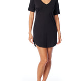 Short sleeve, V-neck Sleep Tee with breast pocket, a relaxed fit, and shirt tail hem in black