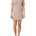 Short sleeve, V-neck Sleep Tee with breast pocket, a relaxed fit, and shirt tail hem in stucco