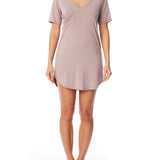 Short sleeve, V-neck Sleep Tee with breast pocket, a relaxed fit, and shirt tail hem in stucco