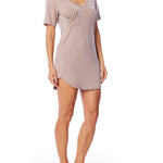 Short sleeve, V-neck Sleep Tee with breast pocket, a relaxed fit, and shirt tail hem in stucco