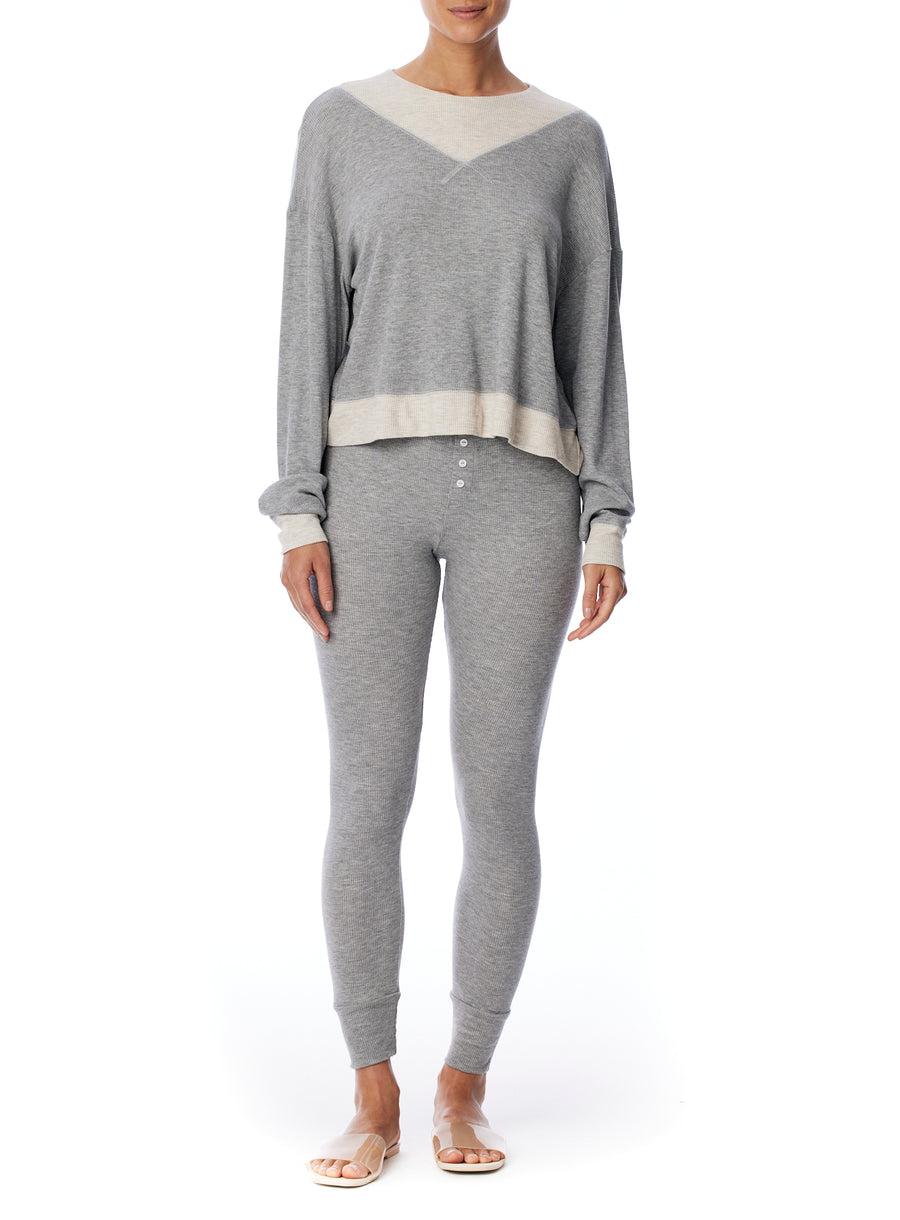 Long sleeve thermal top with a relaxed fit, ballet neck with contrasting hem, cuffs and bib in grey