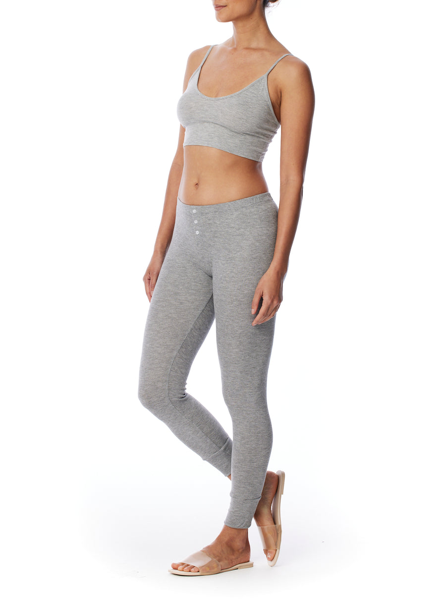 Cozy thermal pant with elasticized waist and cuffs and 3 button front in heather grey