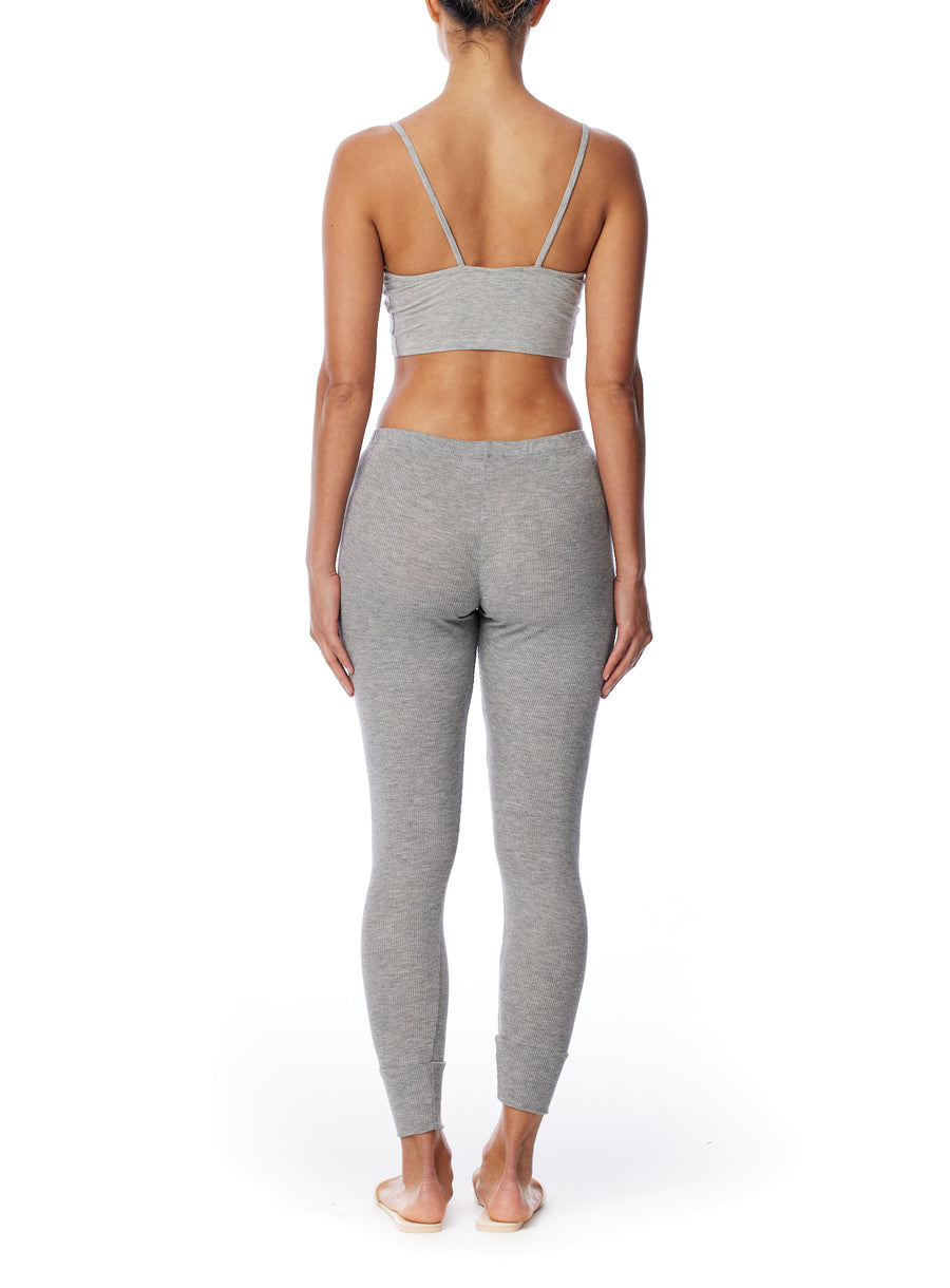 Cozy thermal pant with elasticized waist and cuffs and 3 button front in heather grey