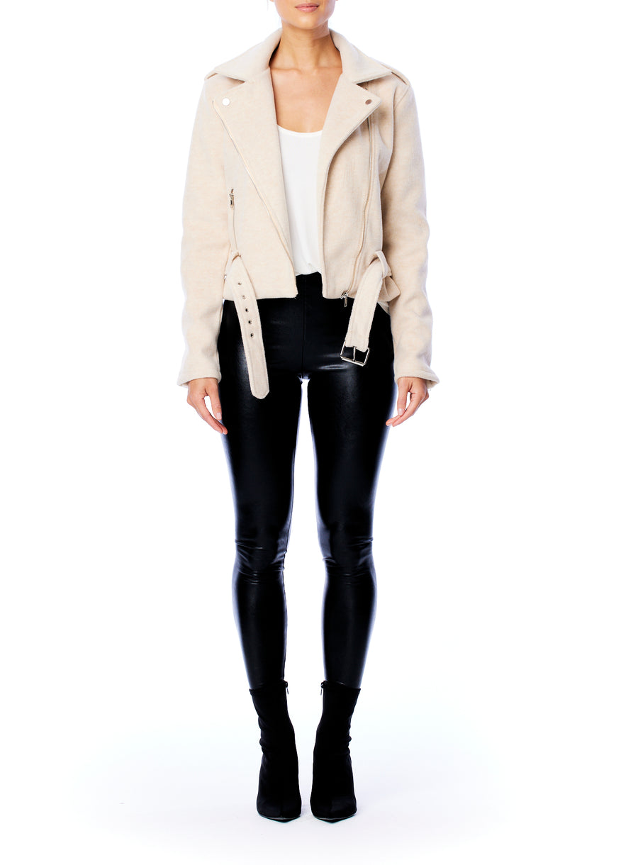 faux wool moto jacket with a tailored fit, zipper and shoulder flap detailing and adjustable belt