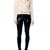 faux wool moto jacket with a tailored fit, zipper and shoulder flap detailing and adjustable belt