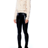 faux wool moto jacket with a tailored fit, zipper and shoulder flap detailing and adjustable belt