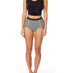 striped women's boxer brief short with elasticized waist band, seam detailing & medium rise