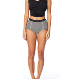striped women's boxer brief short with elasticized waist band, seam detailing & medium rise