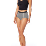 striped women's boxer brief short with elasticized waist band, seam detailing & medium rise