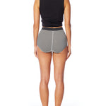 striped women's boxer brief short with elasticized waist band, seam detailing & medium rise