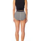 striped women's boxer brief short with elasticized waist band, seam detailing & medium rise