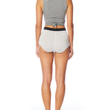 striped women's boxer brief short with elasticized waist band, seam detailing & medium rise