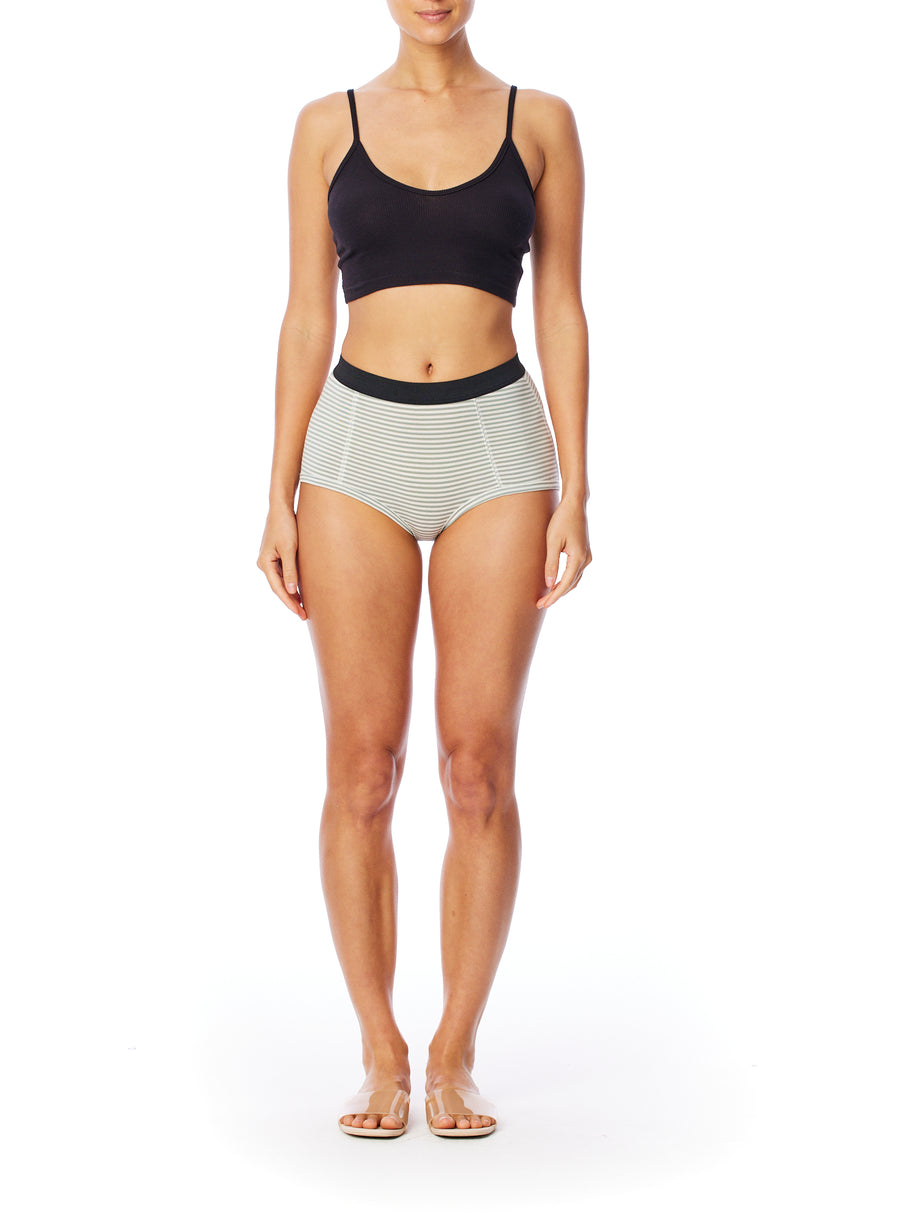 striped women's boxer brief short with elasticized waist band, seam detailing & medium rise