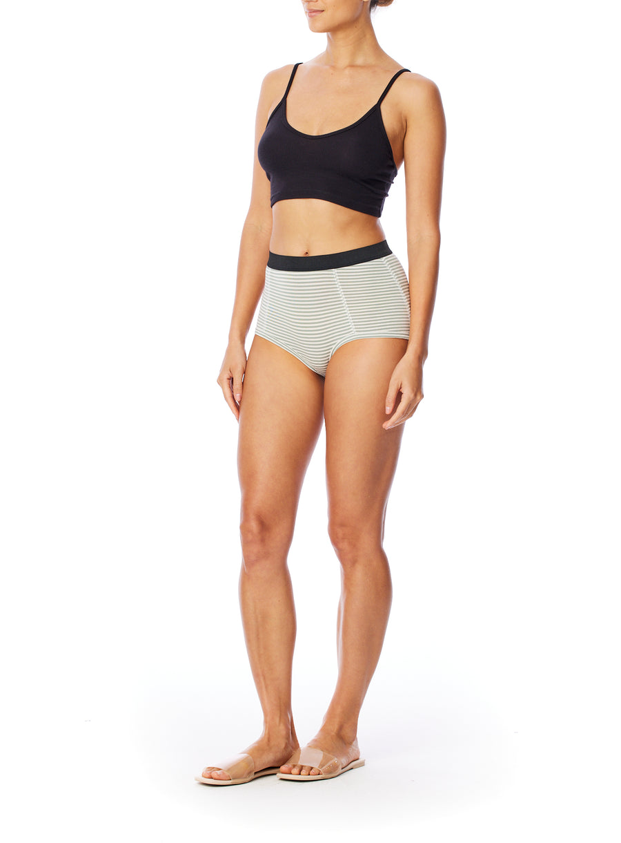 striped women's boxer brief short with elasticized waist band, seam detailing & medium rise