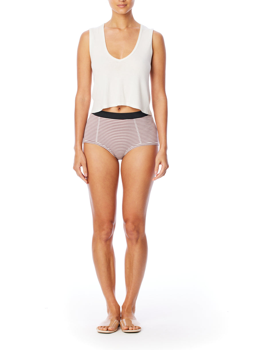 striped women's boxer brief short with elasticized waist band, seam detailing & medium rise