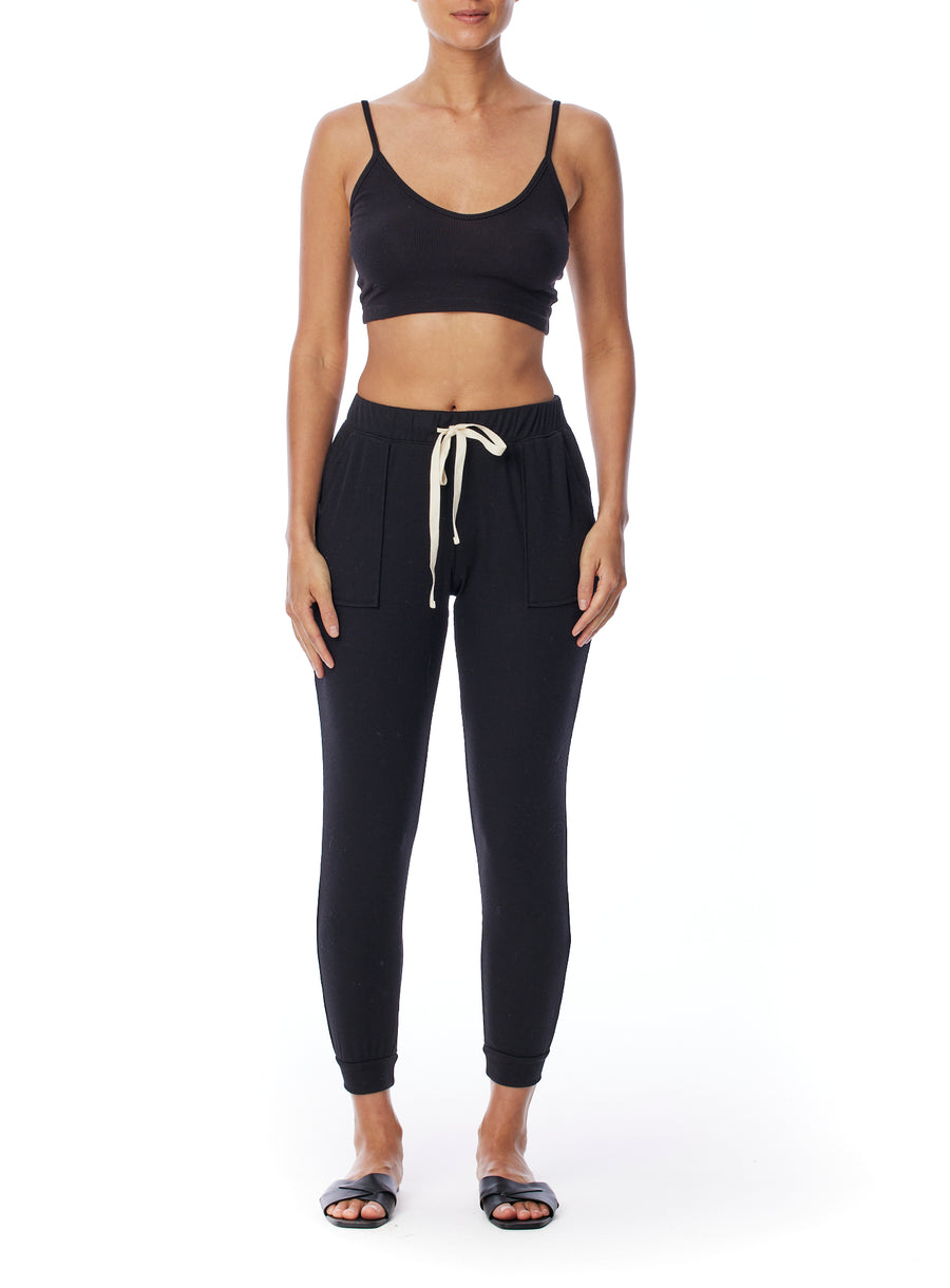 relaxed ribbed jogger with elasticized, drawstring waist in black