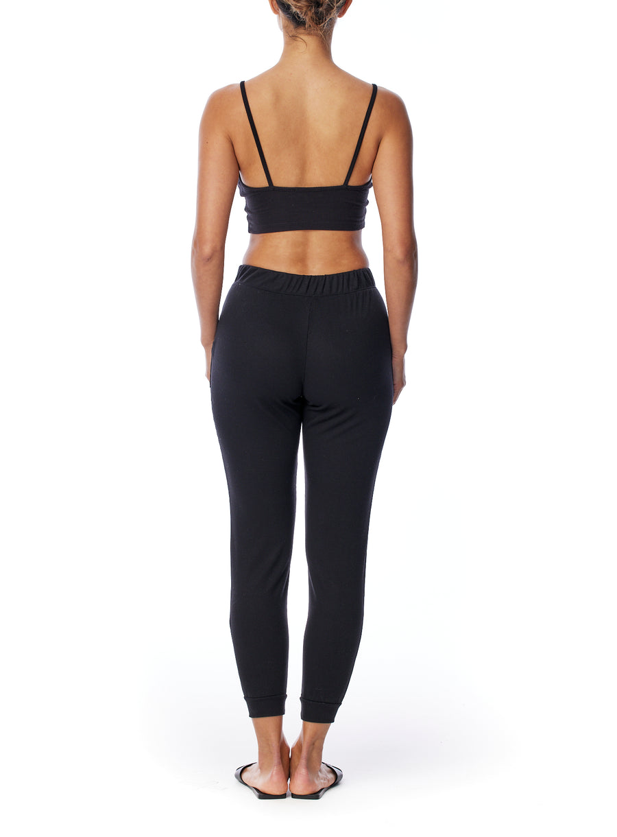 relaxed ribbed jogger with elasticized, drawstring waist in black