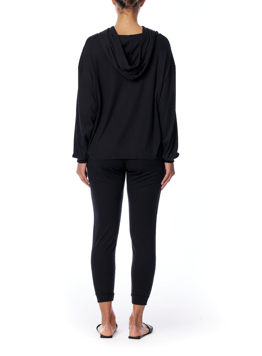 relaxed ribbed jogger with elasticized, drawstring waist in black