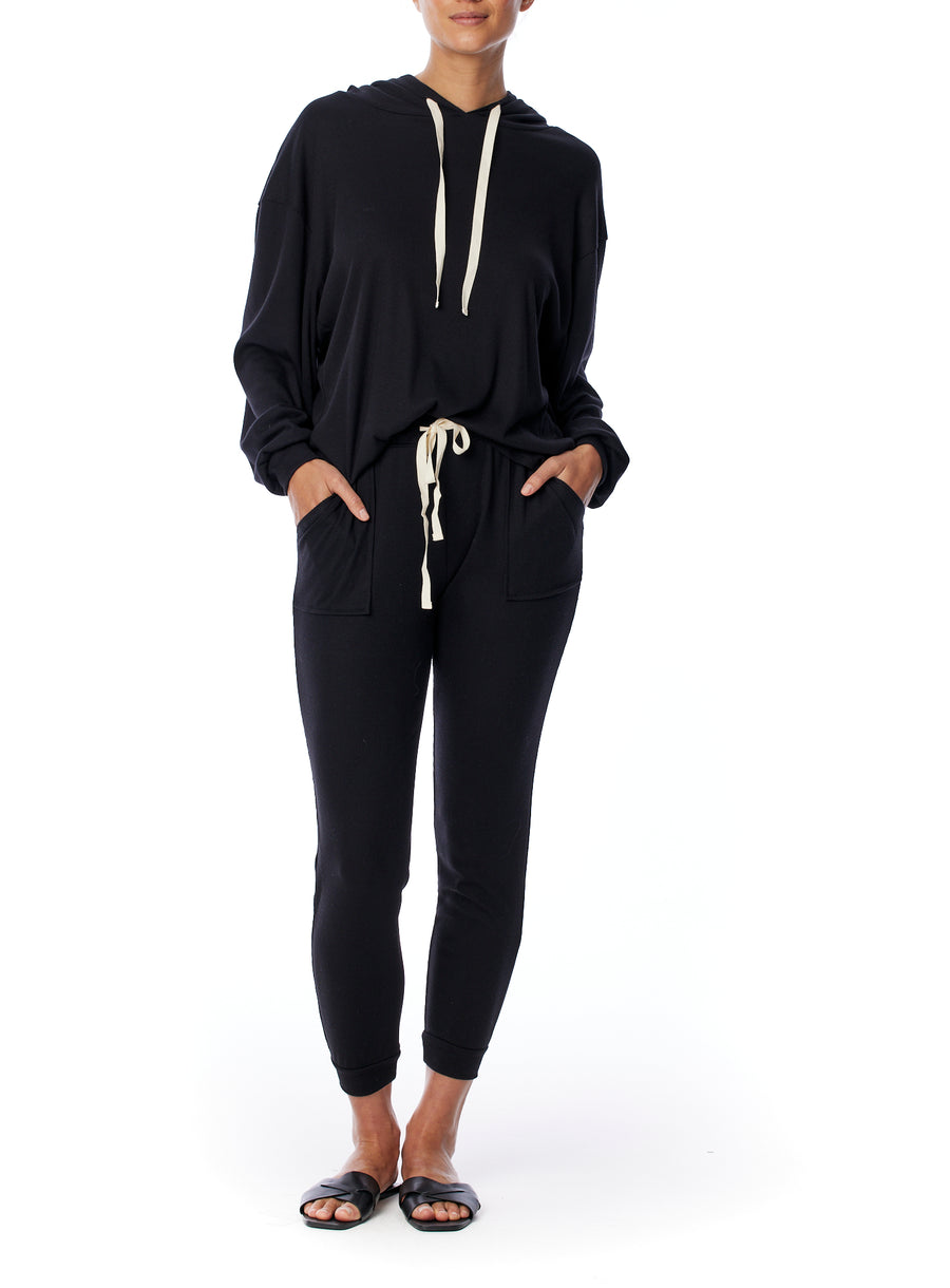 comfy LBLC the label ribbed hoodie with drawstring cinch, long sleeves and a relaxed fit in black