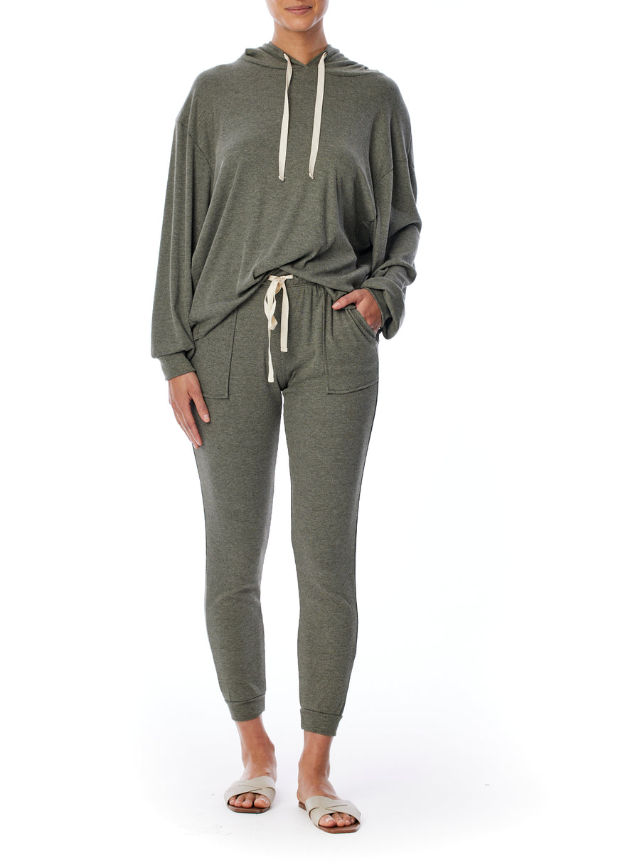 relaxed ribbed jogger with elasticized, drawstring waist in dark olive
