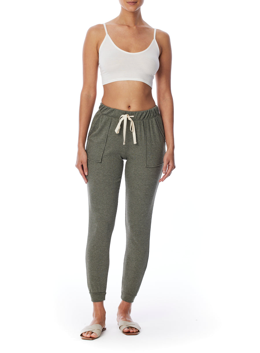 relaxed ribbed jogger with elasticized, drawstring waist in dark olive