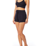 Medium rise, comfy ribbed lounge shorts with elasticized drawstring waist and relaxed fit in black