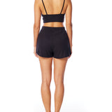 Medium rise, comfy ribbed lounge shorts with elasticized drawstring waist and relaxed fit in black