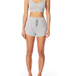 Medium rise, comfy ribbed lounge shorts with elasticized drawstring waist and relaxed fit in grey