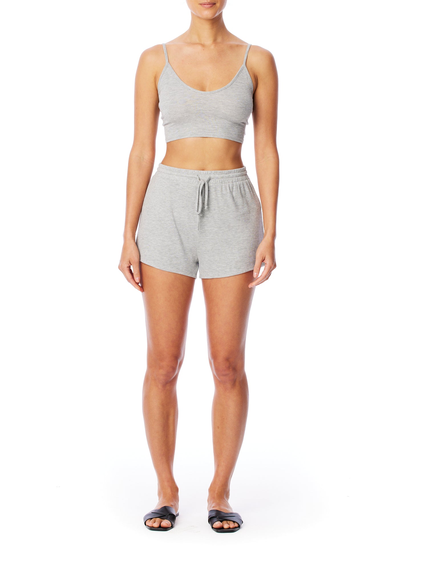 Medium rise, comfy ribbed lounge shorts with elasticized drawstring waist and relaxed fit in grey