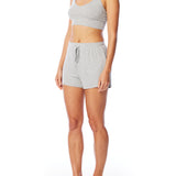 Medium rise, comfy ribbed lounge shorts with elasticized drawstring waist and relaxed fit in grey