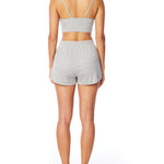 Medium rise, comfy ribbed lounge shorts with elasticized drawstring waist and relaxed fit in grey