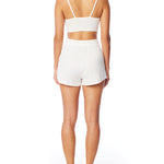 Medium rise, comfy ribbed lounge shorts with elasticized drawstring waist and relaxed fit in ivory