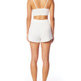 Medium rise, comfy ribbed lounge shorts with elasticized drawstring waist and relaxed fit in ivory