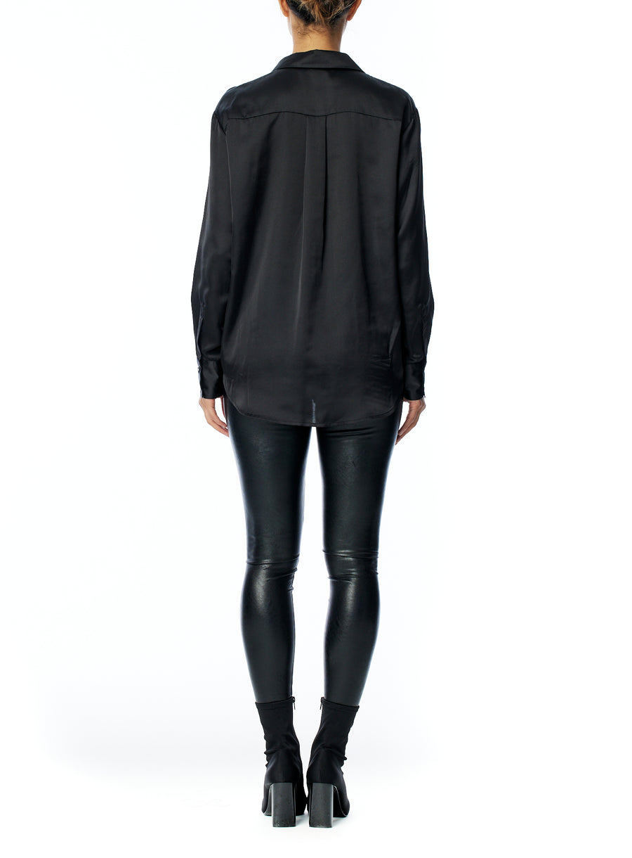vegan silk, collared, button up blouse with cuffed long sleeves in black