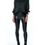 vegan silk, collared, button up blouse with cuffed long sleeves in black