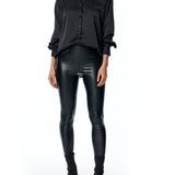 vegan silk, collared, button up blouse with cuffed long sleeves in black