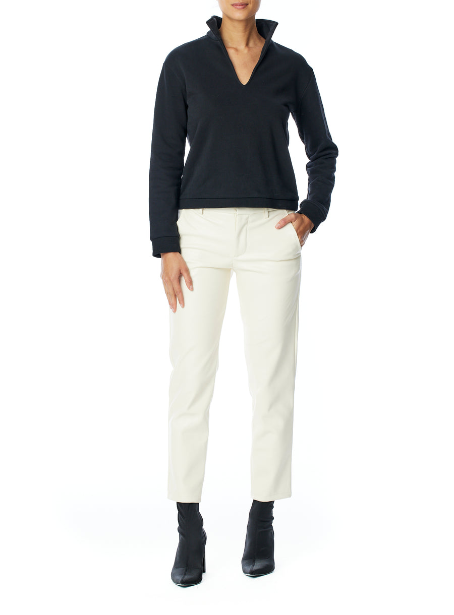 long sleeve, collared v neck pullover with ribbed cuff detailing in black