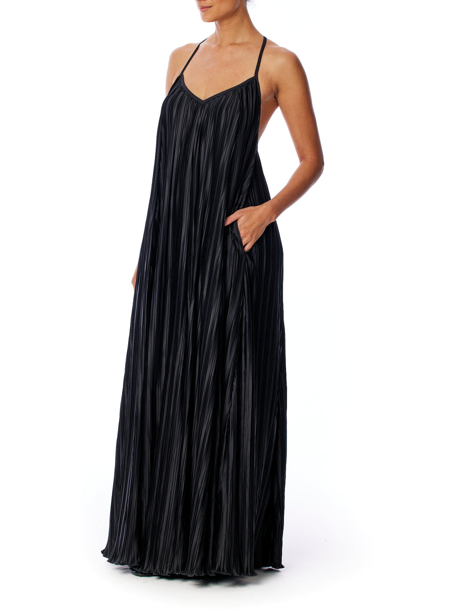 pleated maxi dress with spaghetti straps, v-neck, trapeze cut and criss cross open back in black