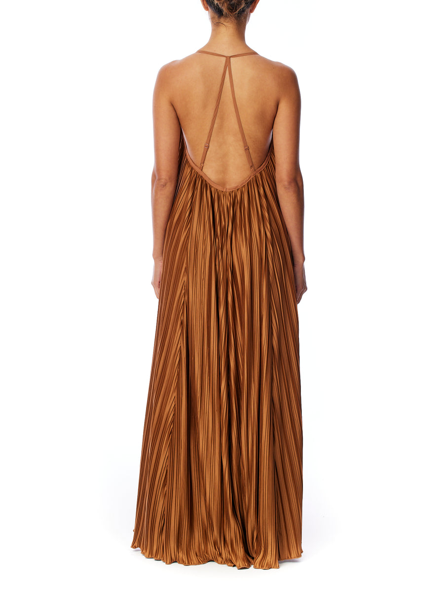 pleated maxi dress with spaghetti straps, v-neck, trapeze cut and criss cross open back in rust