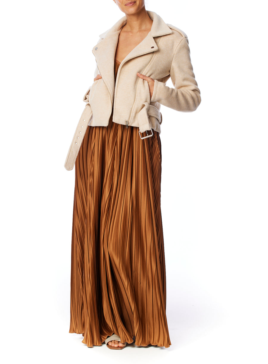 pleated maxi dress with spaghetti straps, v-neck, trapeze cut and criss cross open back in rust