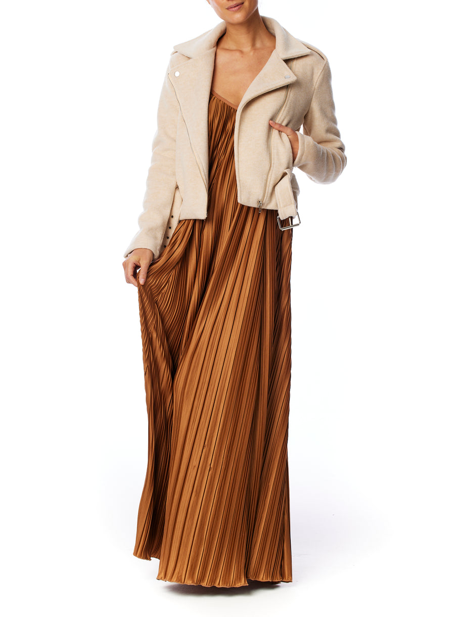 pleated maxi dress with spaghetti straps, v-neck, trapeze cut and criss cross open back in rust