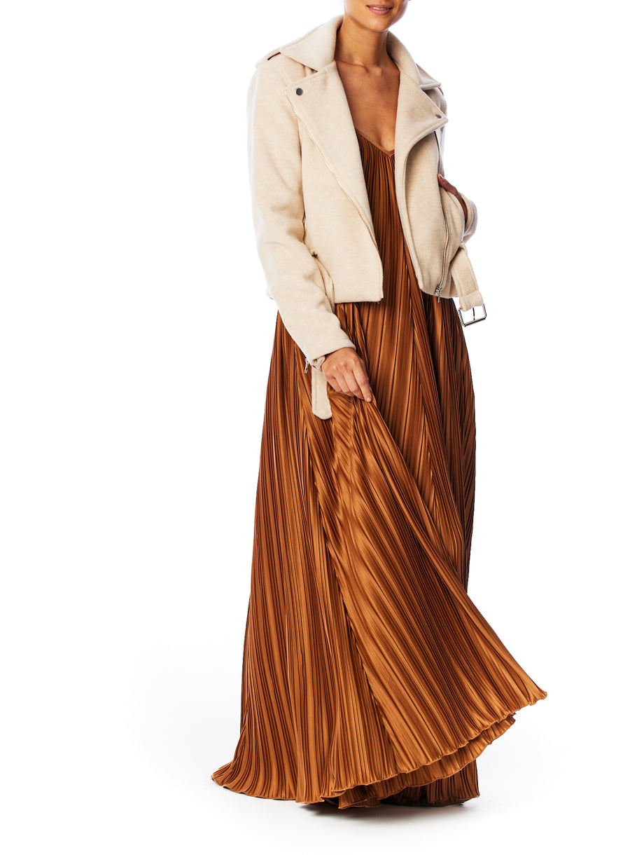 pleated maxi dress with spaghetti straps, v-neck, trapeze cut and criss cross open back in rust