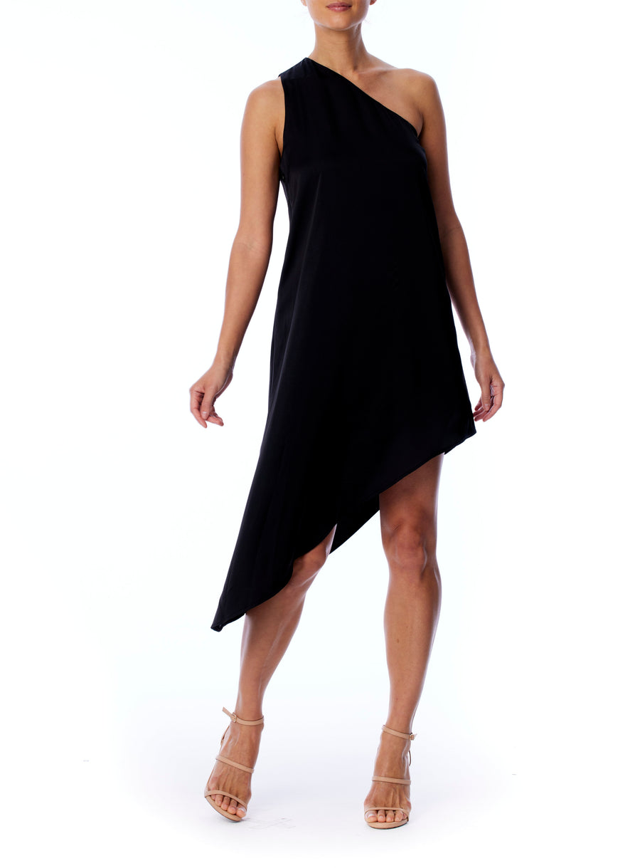 vegan silk, one shoulder dress with tank sleeves, asymmetrical hem and hidden side zipper in black