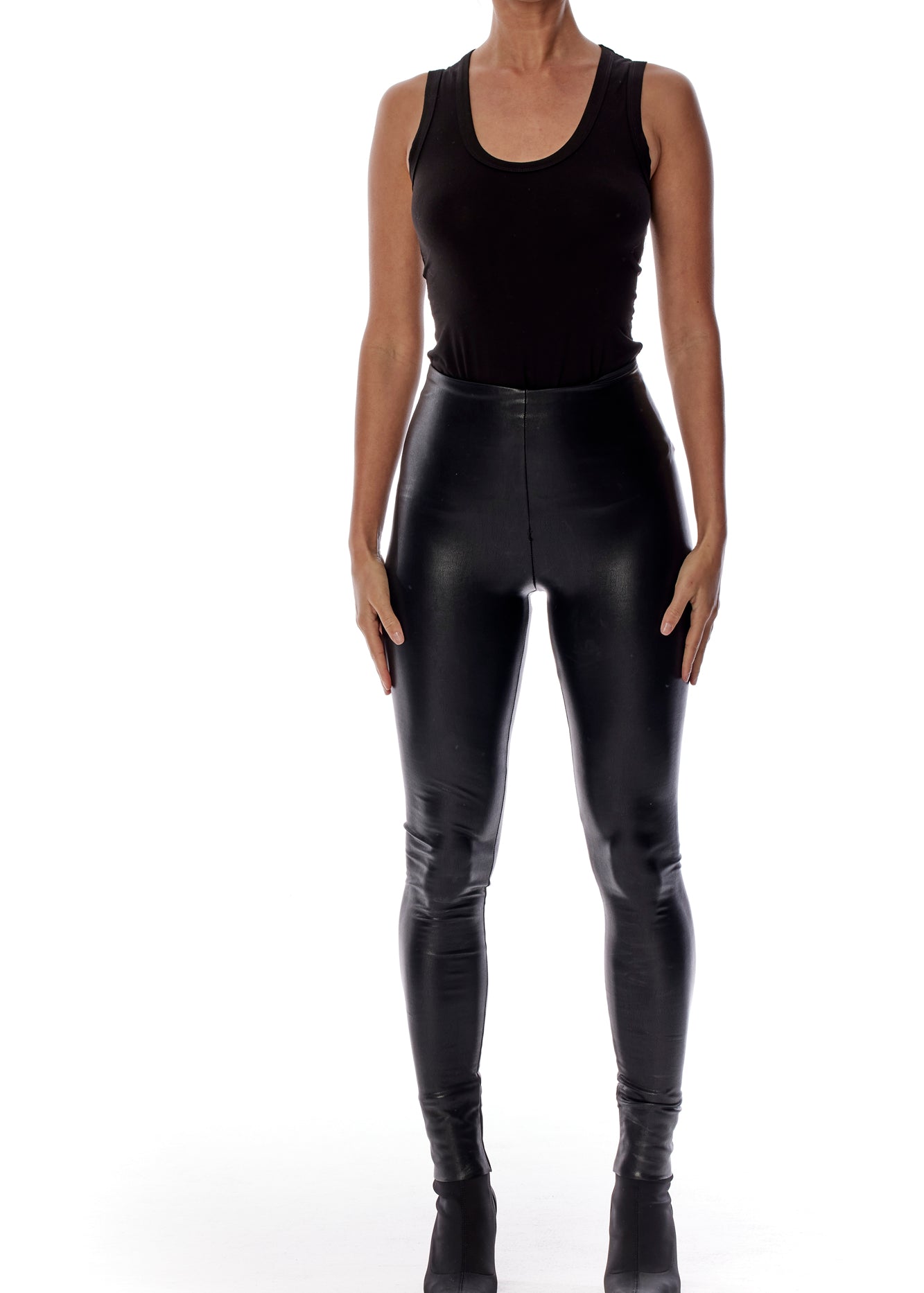 vegan leather legging with a medium rise and flattering fit in black