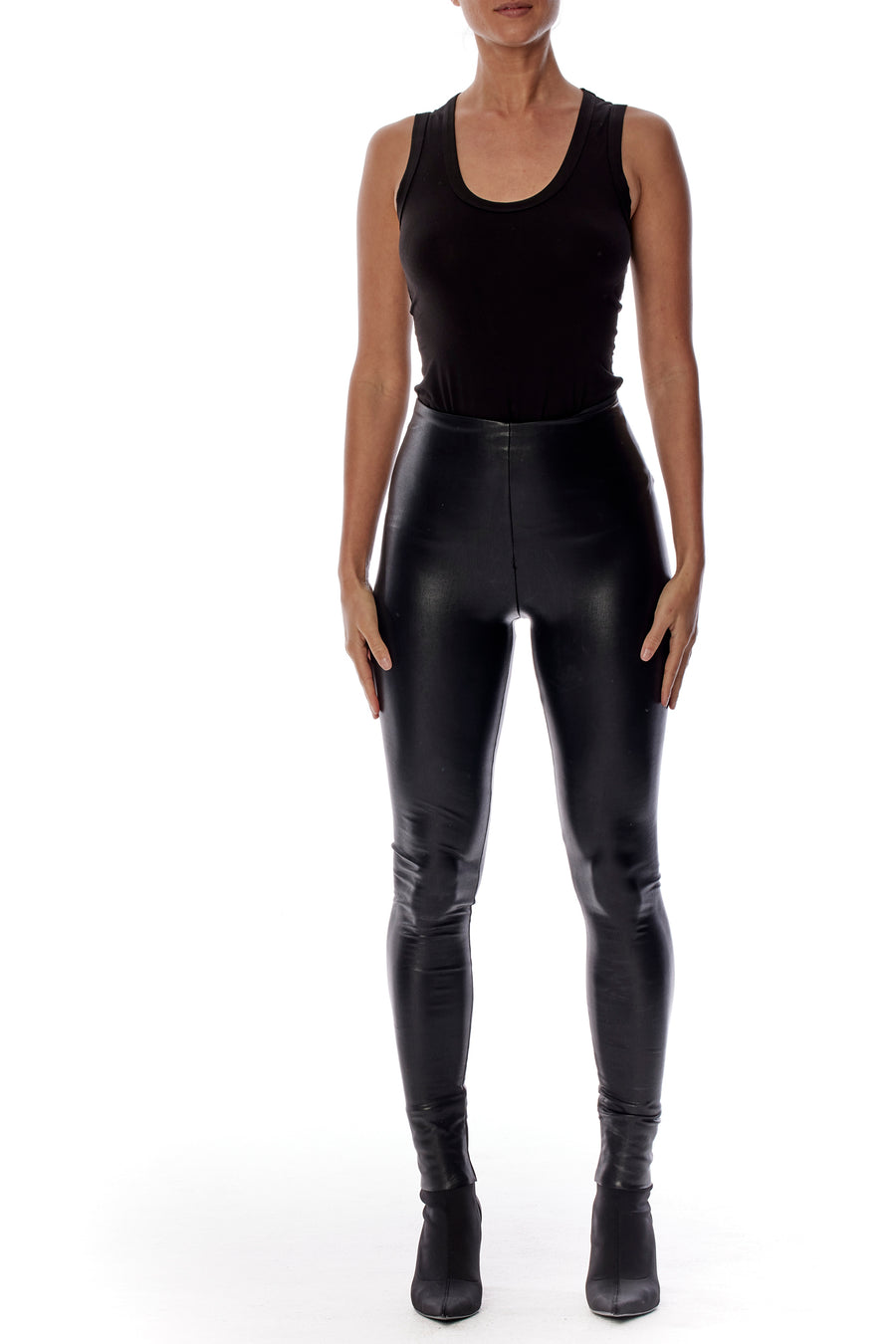 vegan leather legging with a medium rise and flattering fit in black