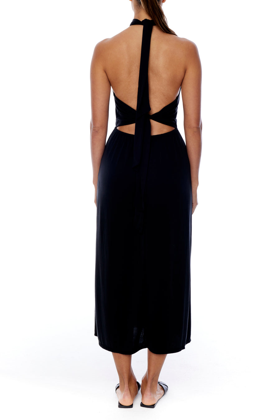 midi halter dress, front keyhole, elasticized waist, open back with lower back tie and side slit