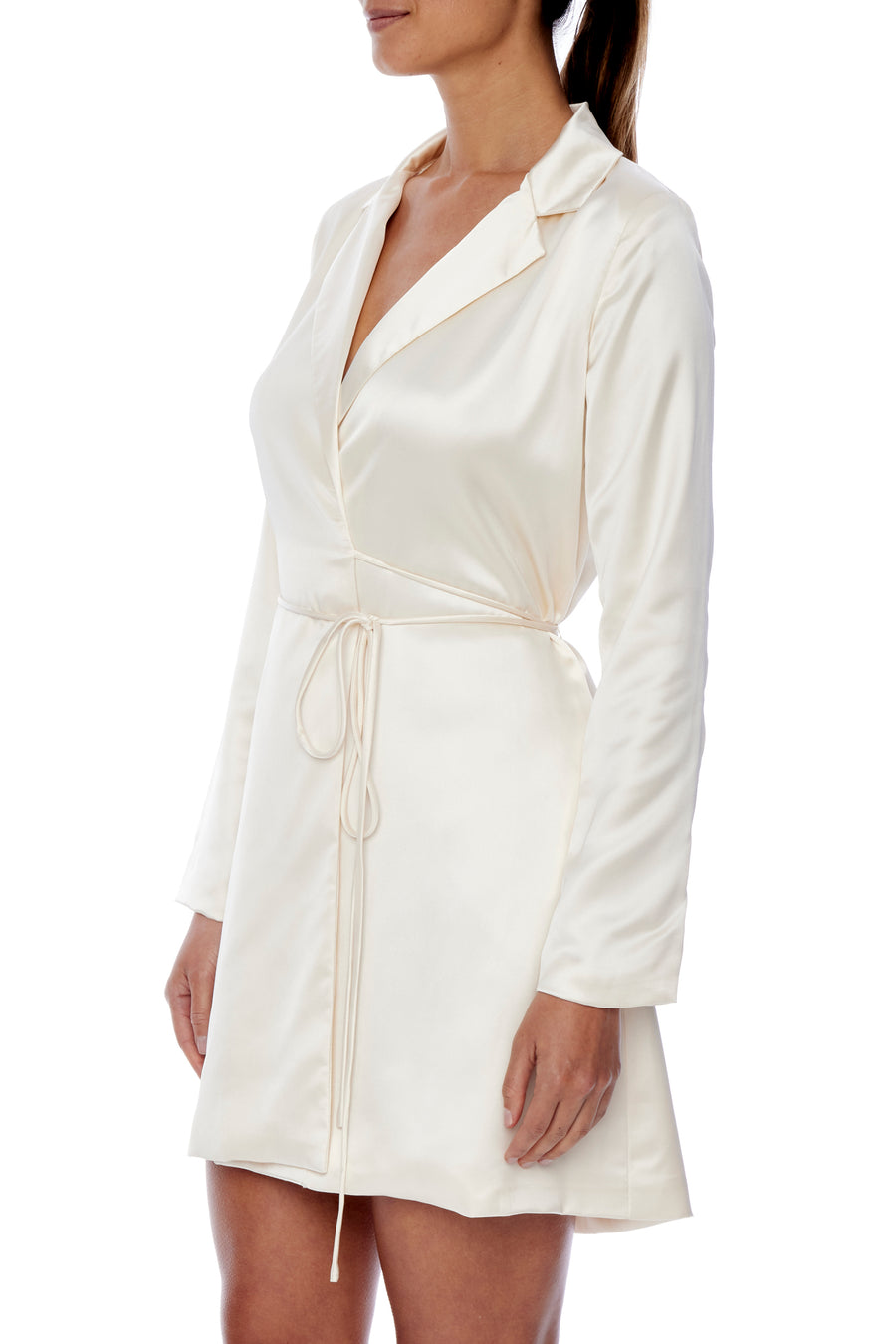 Collared, faux silk, wrap dress with attached belt that can be tied in front or at side - Side