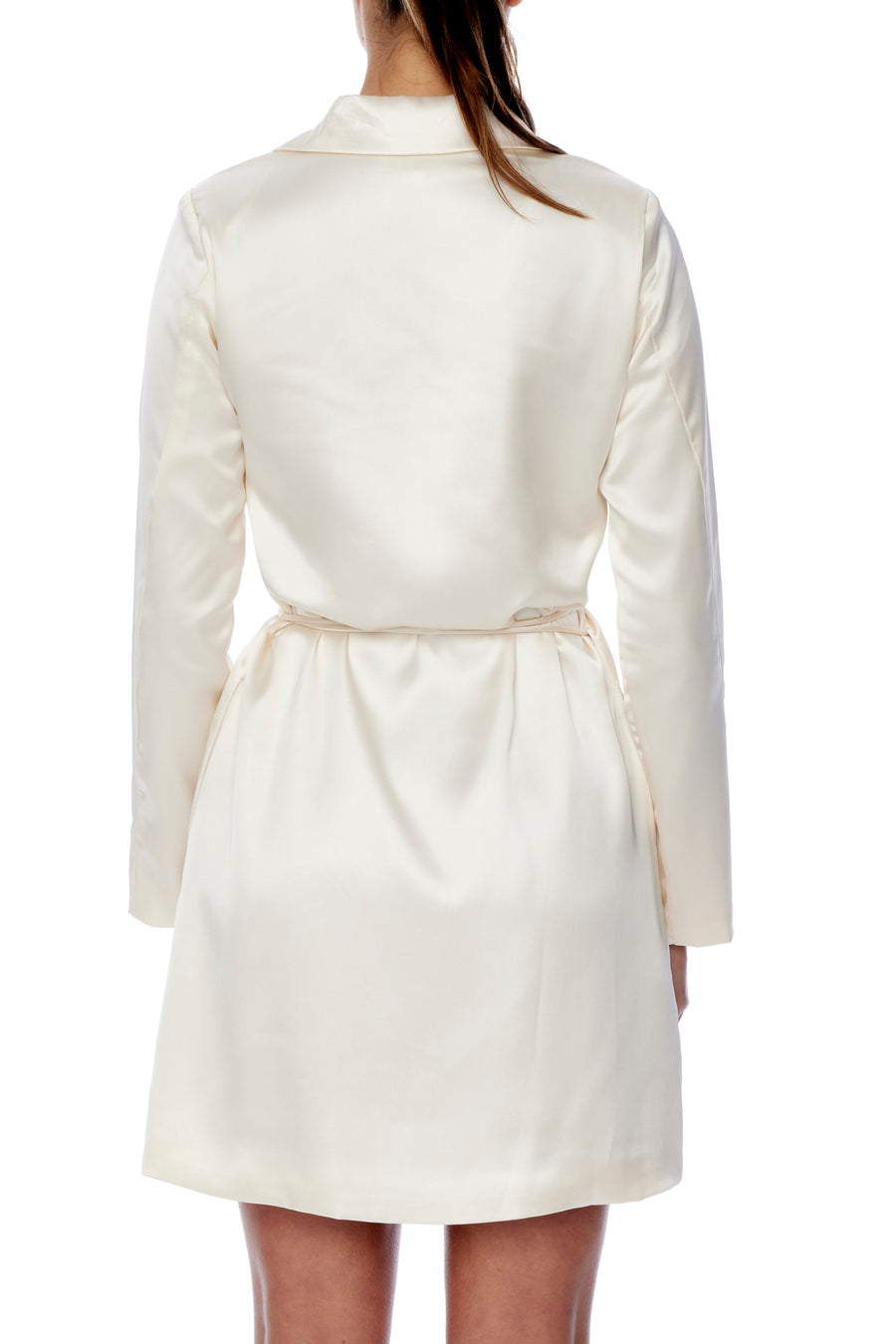 Collared, faux silk, wrap dress with attached belt that can be tied in front or at side - Back