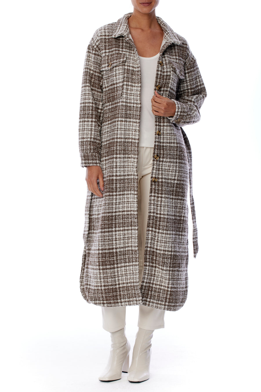 midi length, button up coco and white plaid jacket with shirttail hem and waist tie