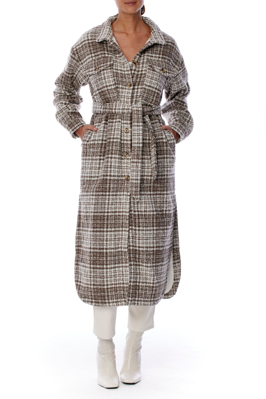 midi length, button up coco and white plaid jacket with shirttail hem and waist tie